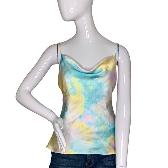 Zara Pastel Tie Dye Satin Spaghetti Straps Blouse Size XS Cowl Neck - Picture 1 of 9